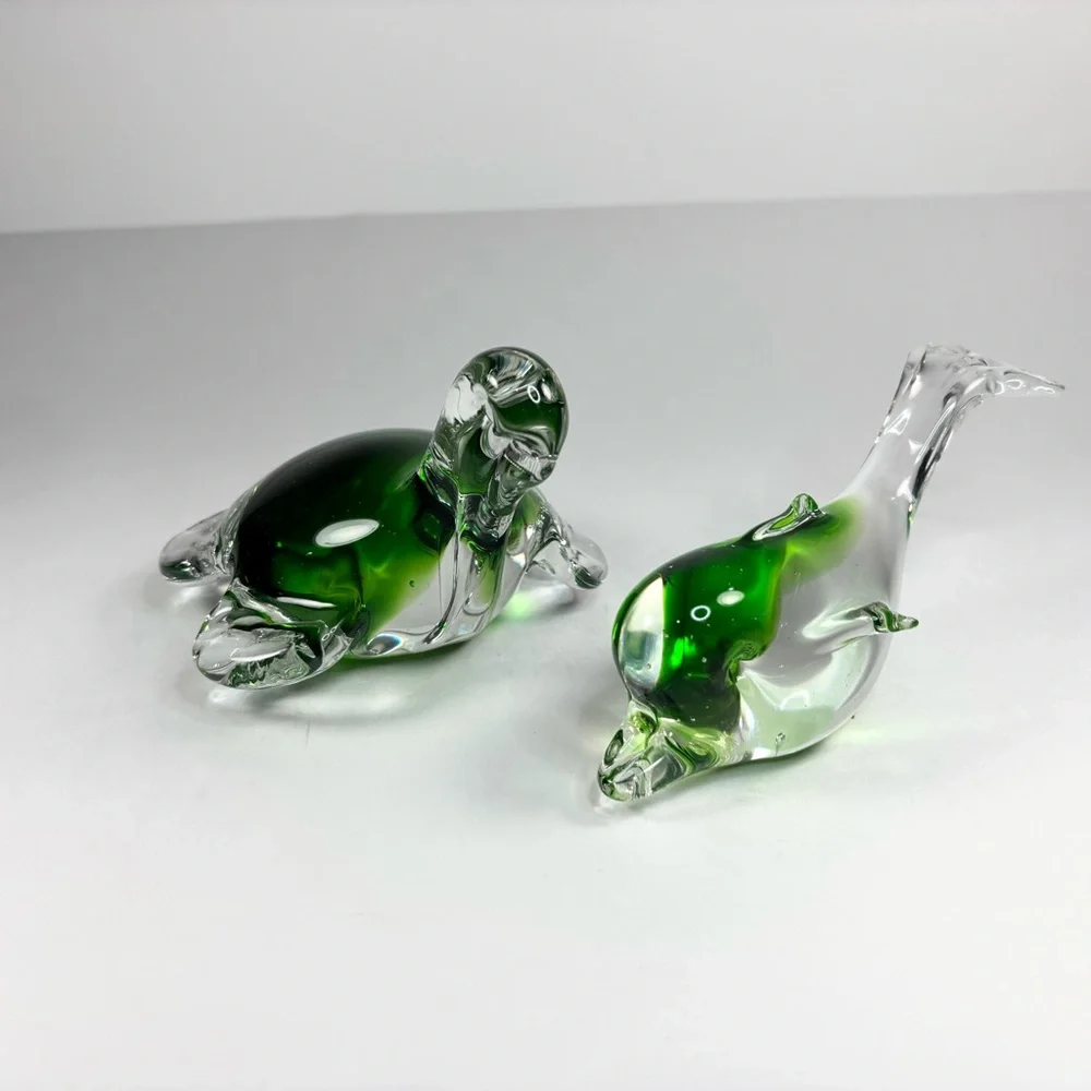 Green Glass Animal Figurines turtle dolphin,‎ vintage paperweight set of 2